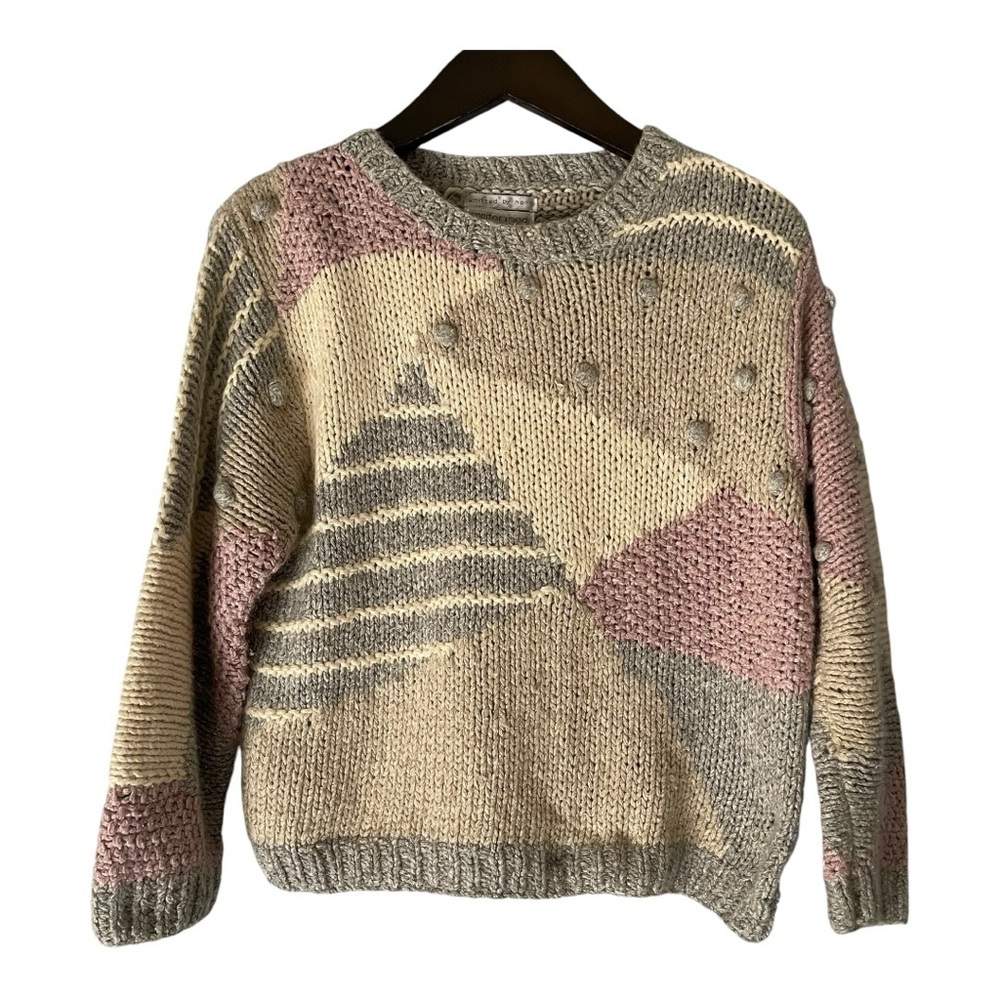 Vintage 80’s/90’s Geometric Hand Knit Neutral Pink Grandma Sweater size medium